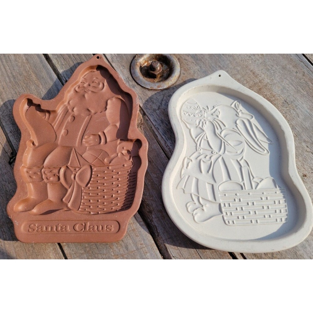 Set of 2 Longaberger Pottery Cookie Molds, 1992/96 Santa Claus Easter Bunny